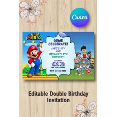 Twin Super Mario and Paw Patrol Invitation | Canva Template